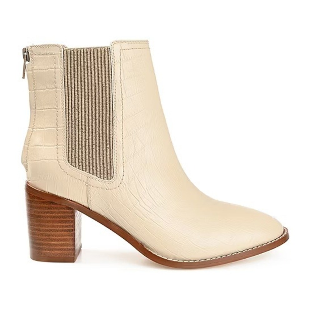 Journee Collection Womens Cream Croc Embossed Leather Ankle Boots Block Heel 8